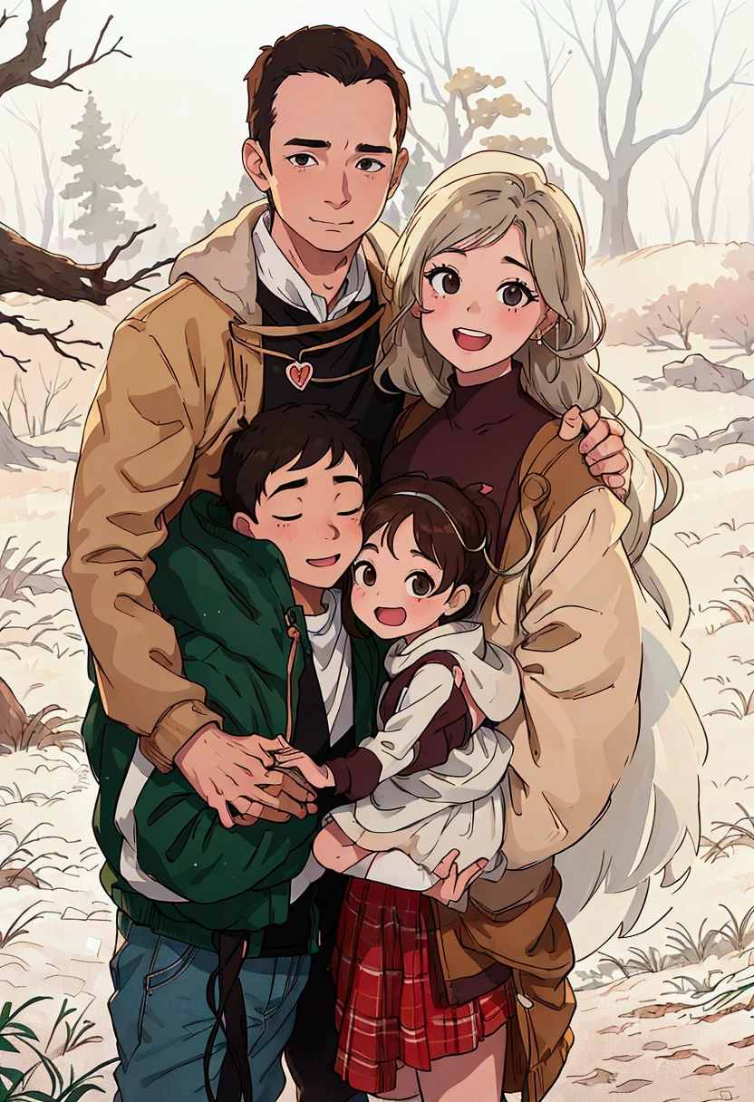 (best quality:0.8) perfect anime illustration, a family poses for a photo in the woods with their son and daughter, family photography, happy family, family photo, by Kristin Nelson, family portrait, katey truhn, husband wife and son, transparent background, full protrait, portrait of family of three, 🤬 🤮 💕 🎀, jenna barton, carson ellis, mixed art, untitled