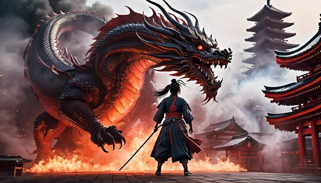 blood girl, and a huge fire dragon, made of smoke, wearing a full warrior's attire with armor hovering around an ancient Japanese city, inspired by Japanese gods, carrying a huge divine sword, temple background, Japan, tenebrosa, horror vibes, , smoke , fire , great addition, large dragon on his back , Japanese mythical god , Evil smile , crazy eyes , blindfolded , Cor Fuji , high détail , high qualiy , precise