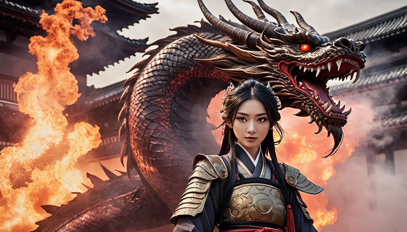 blood girl, and a huge fire dragon, made of smoke, wearing a full warrior's attire with armor hovering around an ancient Japanese city, inspired by Japanese gods, carrying a huge divine sword, temple background, Japan, tenebrosa, horror vibes, , smoke , fire , great addition, large dragon on his back , Japanese mythical god , Evil smile , crazy eyes , blindfolded , Cor Fuji , high détail , high qualiy , precise