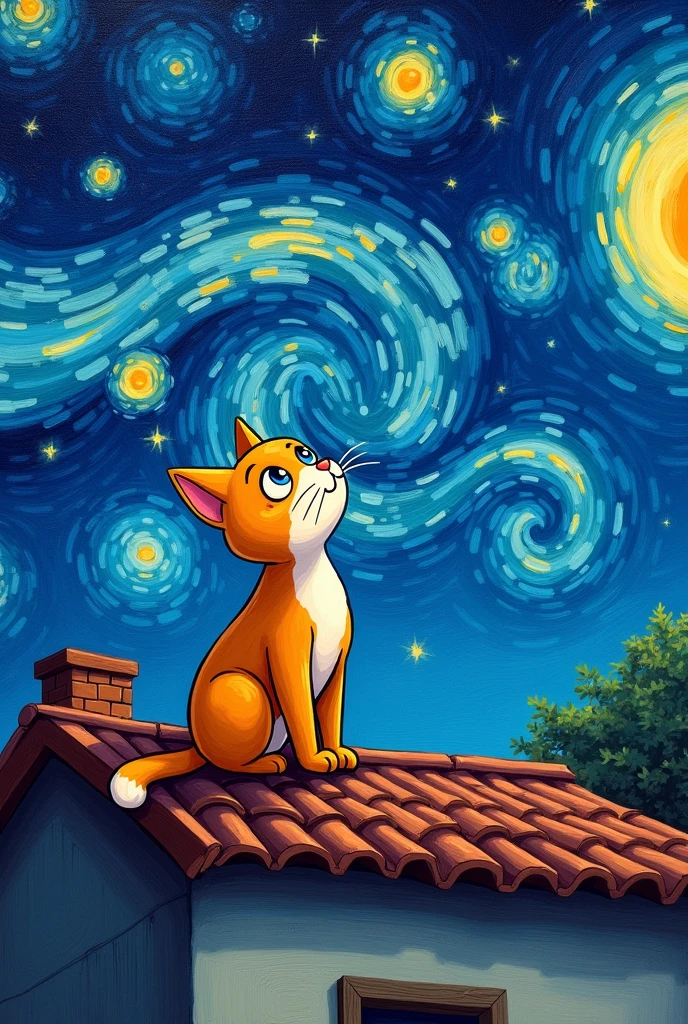 Create a square painting, 12 by 12 units.
Subject: A cat sitting on a roof looking at the starry night
Style: acrylic color and cartoon
Orientation: Facing the back looking up
Background: starry night by van gogh