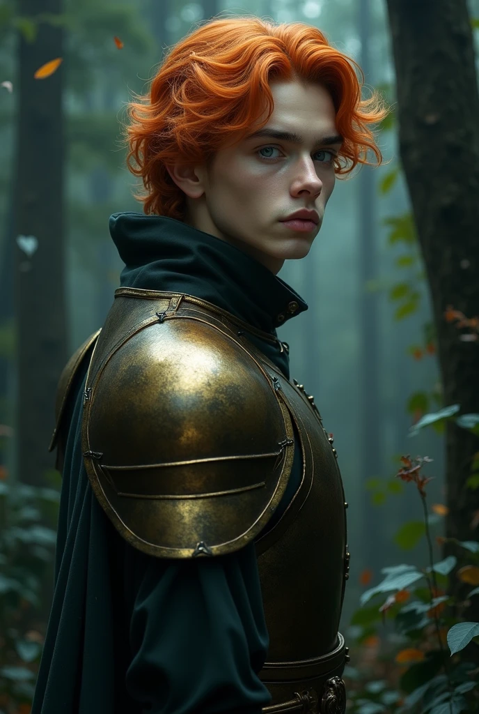 young man, nineteen years old. porcelain skin, angelic face. big, shiny eyes, gray like clouds. orange and wavy hair. oval face. straight, small nose. thick lips. defined eyebrows. looking to the side. He wears silk cloth, bronze armor. big cheeks He is in a dark forest.