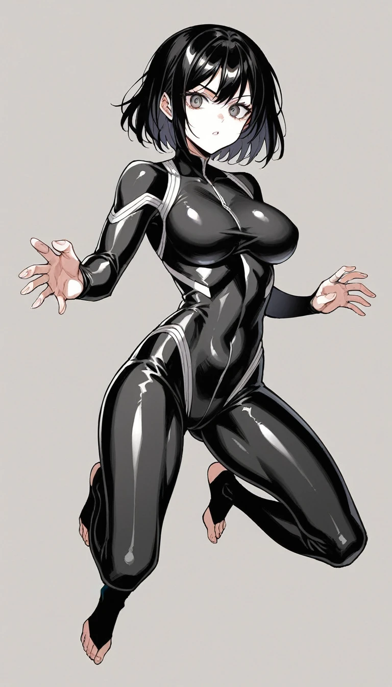 1girl, adult, perfect face, perfect eyes, perfect hands, intricate details, score_9, score_8_up, score_7_up, rating_safe, source_anime, sketch, shiny black hair, medium length hair, sharp eyes, large breast, slim body, bare feet, spandex suit, full body design, traditional style, greyscale, open hands, unorthodox pose, fighting stance