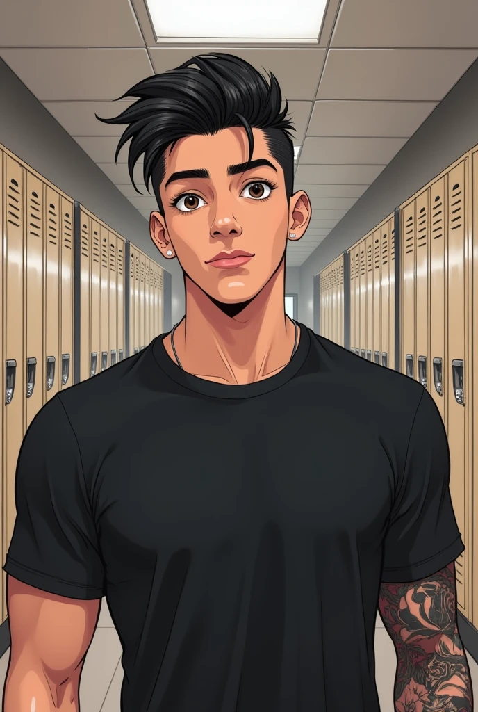 An American young man drawing from the waist up, in the hallway of an American school filled with lockers. short straight black hair, modern updo. very black eyes and long dark eyelashes, Curvilinear. A smirk playing on his lips, but playfully. straight snub nose, sharp, masculine jawline, Caucasian skin, but with a slight tan under his eyes and nose. thin lips and oval face. Tem um piercing labret na boca, right side. a tattoo on the side of his neck of a black and white rose. athletic and defined body. suntanned, square waist. He wears a black Calvin Klein t-shirt.