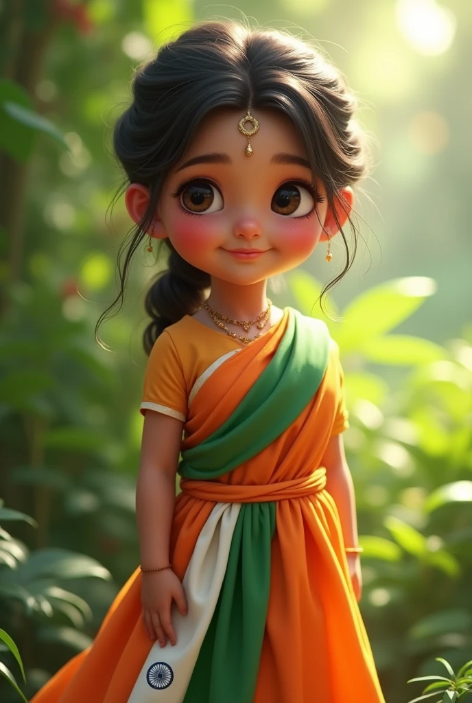 Kid girl standing gracefully on a ((green saree)) against a vibrant s((affron sky)), ultra detailed face, 8k, small nose, small eyes and lips, ultra detailed long hairs, braided, sindhur, flowers in hair. Standing gracefully, plae white, smiling, red fort in background