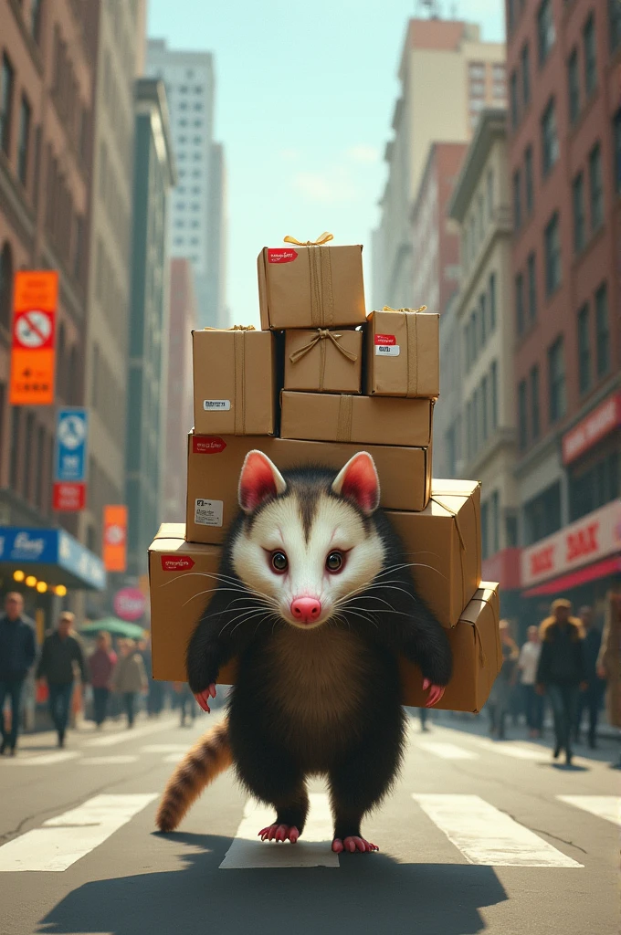 A opossum delivering packages