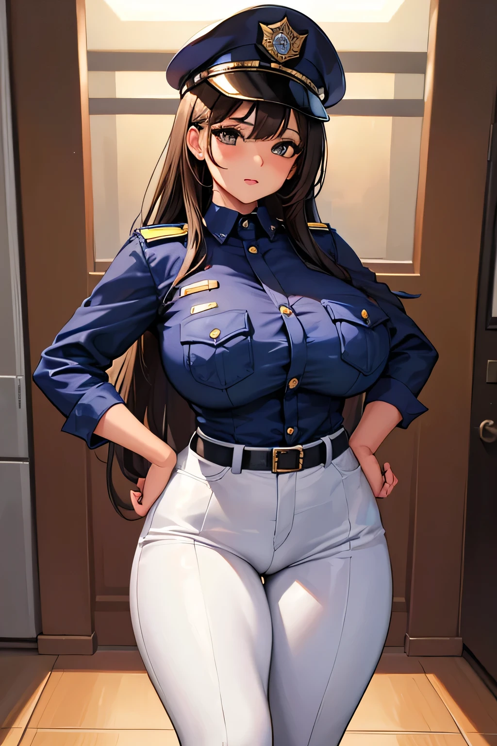 A girl dressed as a police officer,looking at the {user} in the view is in front are bars,huge breasts and huge butt,delicious,Linda,shiny body,very detailed body,extremely detailed scenario,realistic body