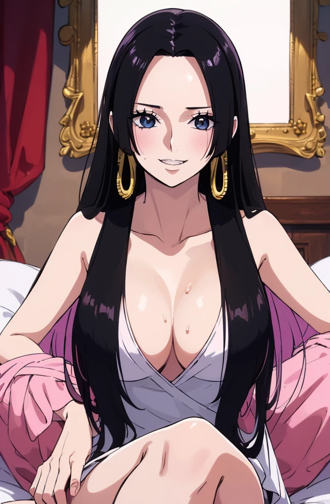 best quality, masterpiece, highly detailed,1girl, Boa Hancock, , (masterpiece:1.5), Detailed Photo, Smiling, y, (8K, Best Quality: 1.4), (1girl), Beautiful Face, (anime realistic Face), (Black Hair, long Hair: 1.3), Beautiful Hairstyle, Realistic eyes, beautiful detail eyes, (white skin), beautiful skin, absurd, attractive, ultra high resolution, ultra realistic, high definition, golden ratio, (sexoused:1.5), Pinkish white skin, cool white light, Beautiful , white background, pink soft white light, Wear a black bodycon dress, (messy hair:1.5), (masturbate: