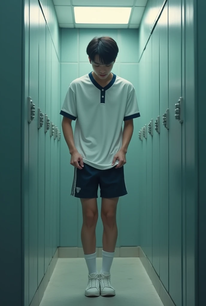 A realistic photo of a Korean teenager boy in white student shirt ,Tanga  underwear, eyeglass, red sneakers,stands nude sideways,on a Korea school hallway full of students, , skinny fat body.