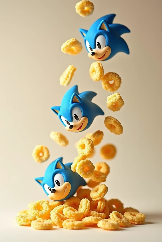 Corn flakes units with Sonic the Hedgehog's face on them falling to the floor