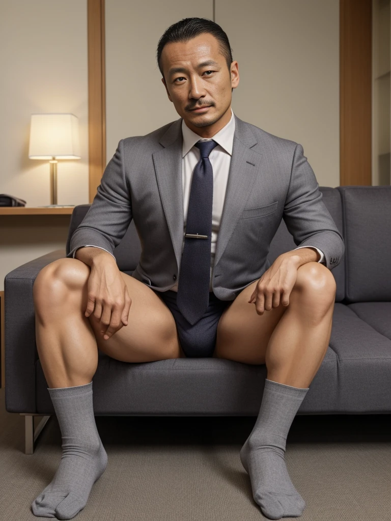 45 yers old，Hidetoshi Nakata ，（Kogoro Mouri 1.3），浴室，A man sits down，legs wide open，Crotch contour，is wearing sexy underwears，With mustache，tmasterpiece，K HD，an legs，semi transparent，Black Long Socks，bare-legged，thick chest hair，darkskinned，milkyW，scowling