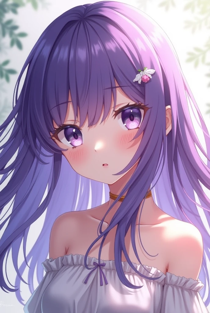 Hinata is long haired girl. Hair is purple