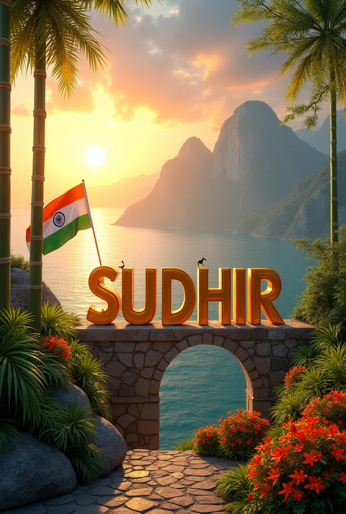 SUDHIR NAME WEITTEN big size golden color ON MOUNTAIN WITH INDIAN NATIONAL FLAGE SUN RISING AND SEA WATER WITH FLOWER. WITH BAMBOO AND PECOCK