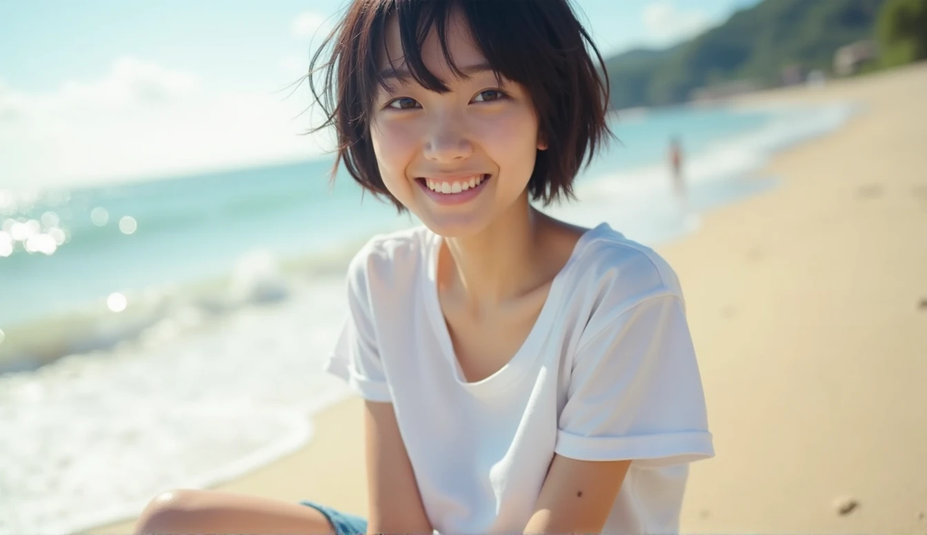 ((Top quality)), ((Masterpiece)), (Detail), Perfect face, Japanese woman, Teenage girl, Immaculate, White T-shirt, blue shorts, short black hair, big breasts, bright smile, strong sunlight on sandy beach, depth of subject, sharply focused, aspect ratio 16:9