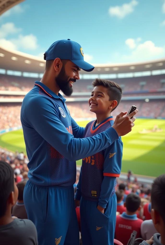 Virat Kohli and a 5 feet higth fan boy taking photos in stadium with Indian jersey