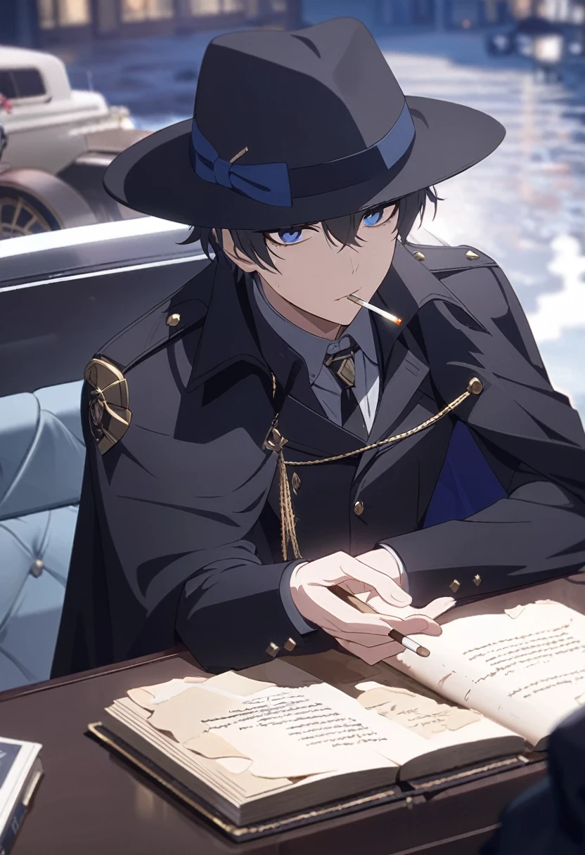 masterpiece,best quality,depth of field,8k,뷰어를 Overlooking,man,dark gray hair,blue eyes,(charismatic eyes 1:1),chic,black hair,Blue Eyes,Wearing a fedora hat,Black jacket with nothing but a cape,cigarette in mouth,,male,Overlooking,Short hair,Holding a law book in the right hand,There are very dark circles under my eyes.