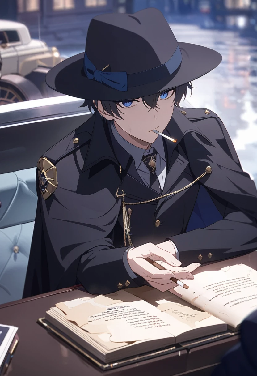masterpiece,best quality,depth of field,8k,뷰어를 Overlooking,man,dark gray hair,blue eyes,(charismatic eyes 1:1),chic,black hair,Blue Eyes,Wearing a fedora hat,Black jacket with nothing but a cape,cigarette in mouth,,male,Overlooking,Short hair,Holding a law book in the right hand,There are very dark circles under my eyes.