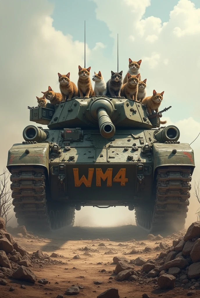 Make a giant tank with many angry soldier cats on a battlefield with many defeated enemies., no tank will be written "WM4" very visible and large at the front