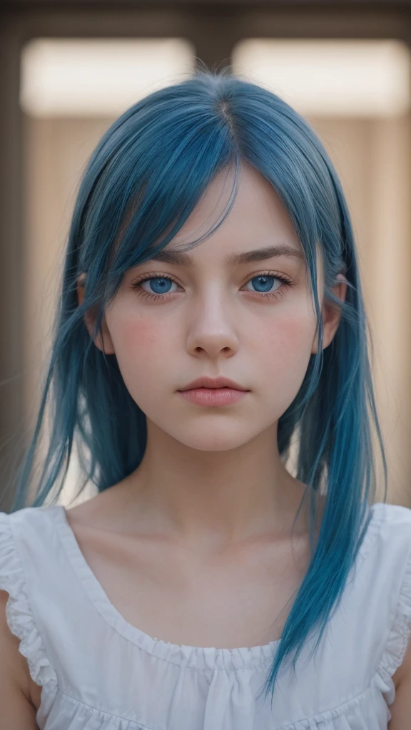 face portrait. a girl. europe. sad half-closed eyes. delicate features. oval face. gentle features. blue eyes. blue hair. sad expression. looking with disappointed eyes