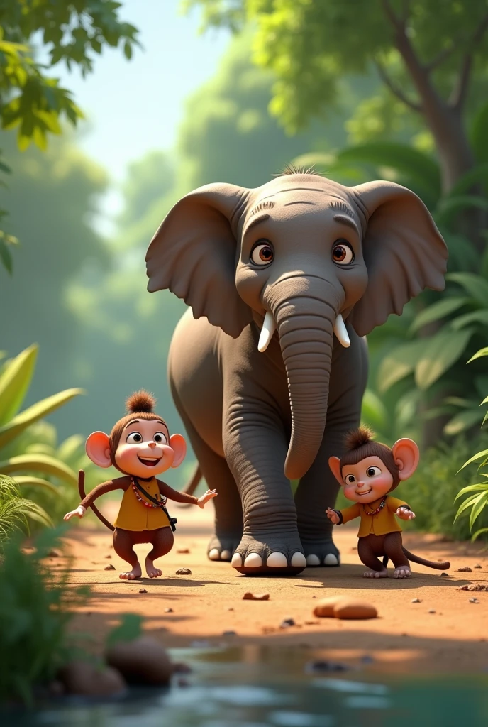 In 3d animation style 'मोहन elephant  और चंपा monkey द्वारा सुरक्षित स्थान पर लाए गए जानवरों को खुशी और राहत के साथ दिखाते हुए।