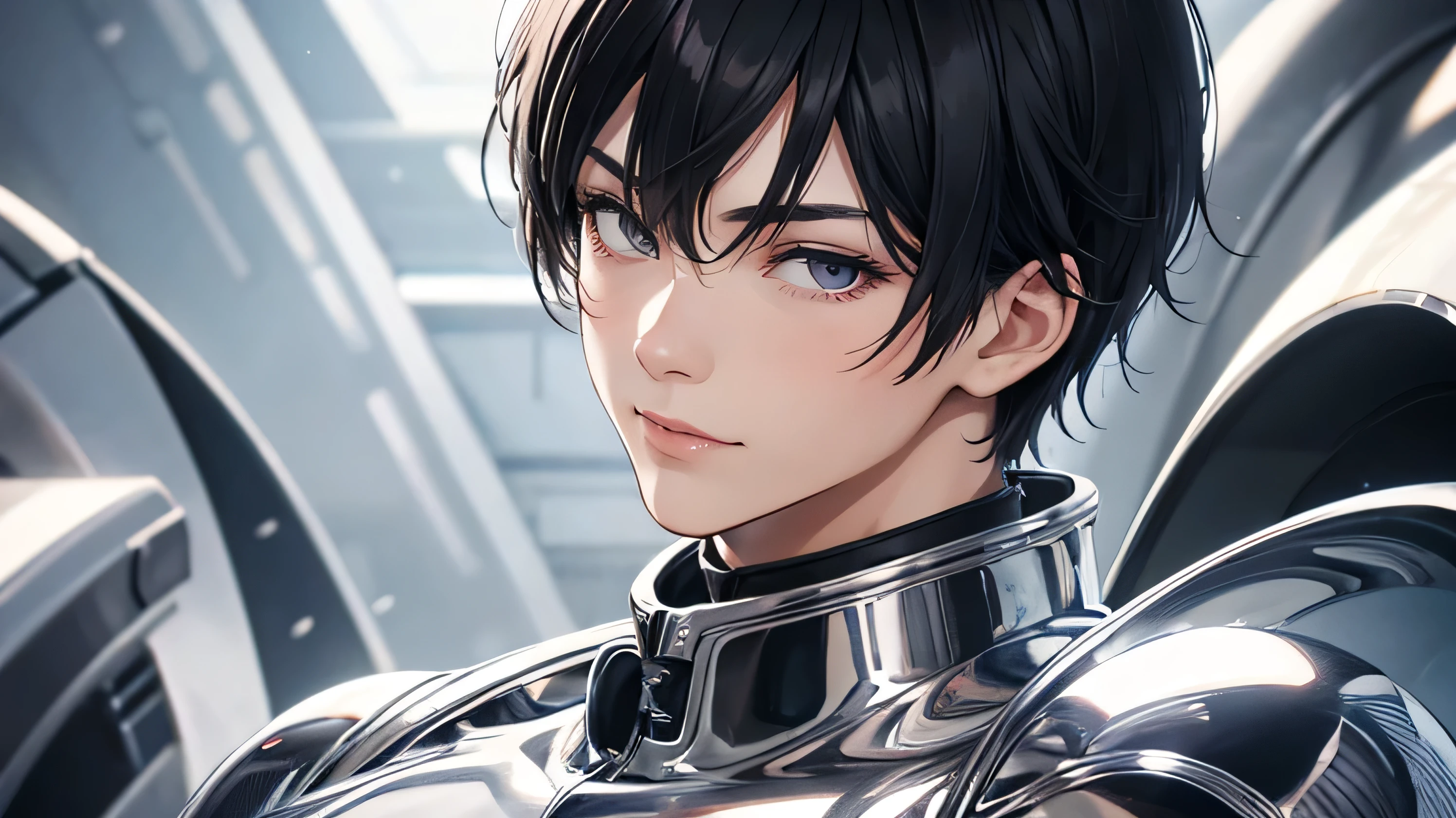 Handsome Japanese male models 22 years old smile Black Hair Short cut Short bangs looking at the camera Shiny full-body silver suit Shiny silver latex suit Mega Bulge looking at the camera future world Upper body close-up Face close-up Fierce