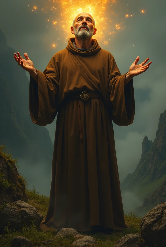 Saint Francis of Assisi in brown friar robes; Showing the wounds on his hand;  On the top of a green mountain; On his head embers of fire; the drawing needs to be baroque using chiaroscuro technique.
