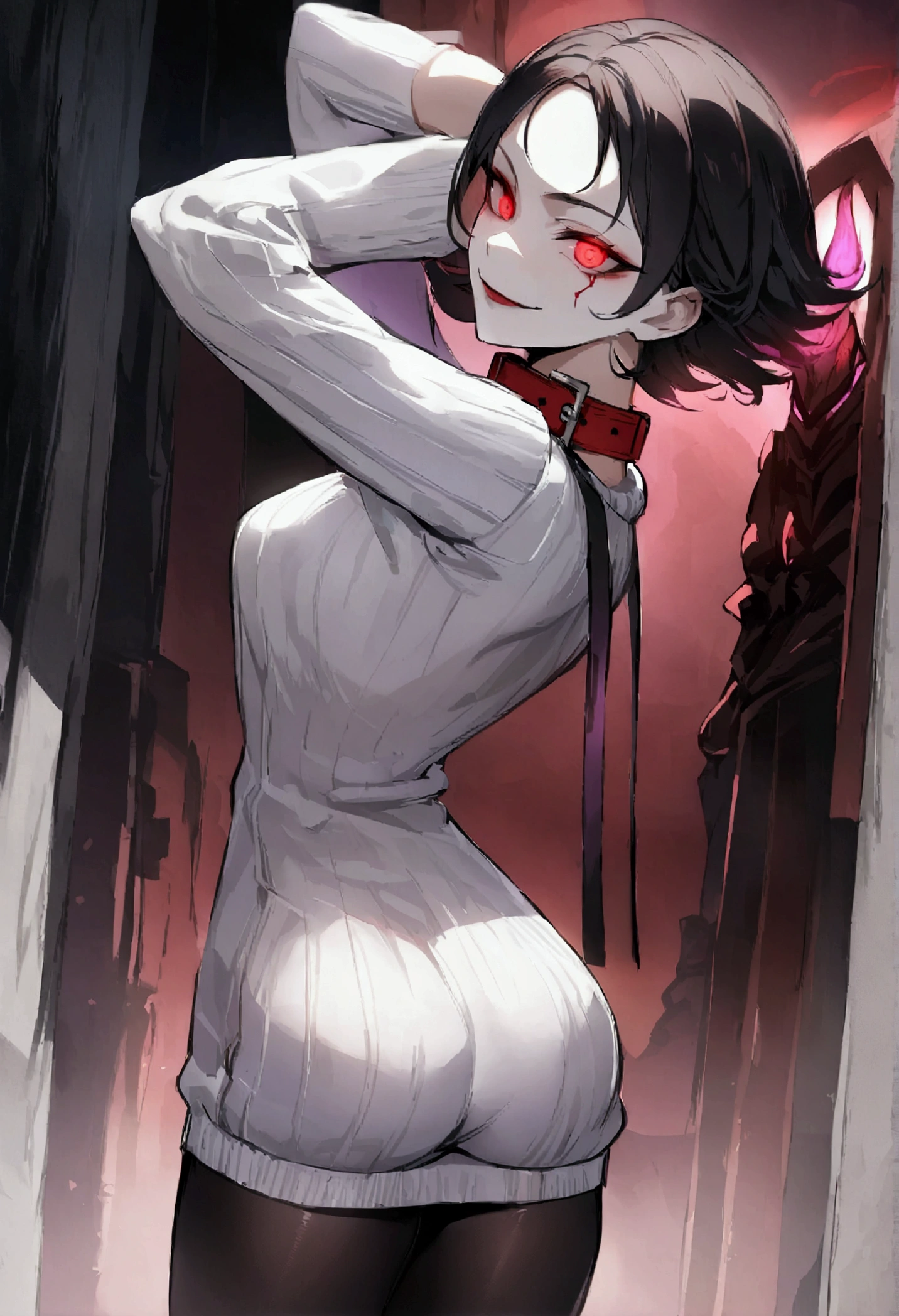 standing backwards,looking back,standing,alone,short hair with purple details,work of art,face detailed,young fitness linda,Wearing black pantyhose,tight white sweater with collar ,neckleace,evil smile,red eyes glowing,labiaa,eye shadow,bangs on the eyes,Hands behind the head city