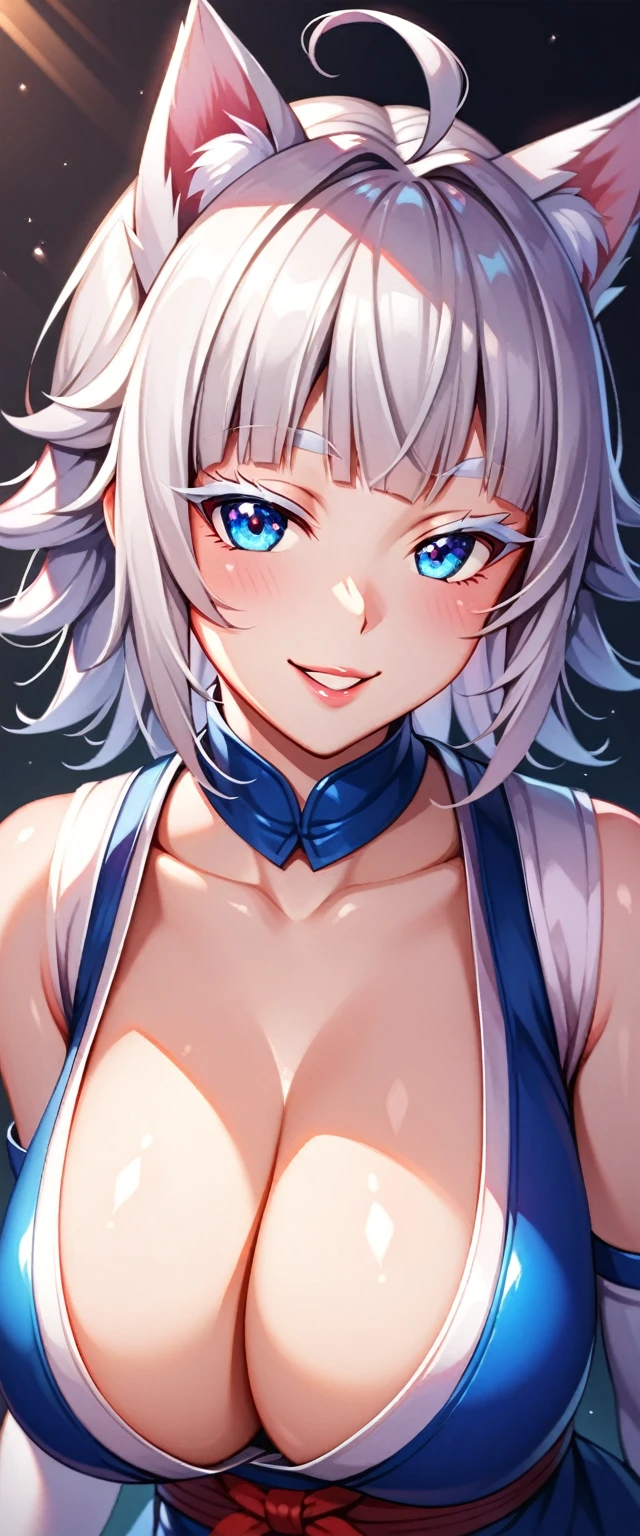 Highest quality,masterpiece,unity 8k wallpaper,Very detailed,Detailed light, Best Shadow,Very detailedな肌,Beautiful attention to detail,Very detailedな顔,Detailed reflective eyes,Shiny Hair,Shining Eyes,(1 girl:1.2),woman,Gloss,thin,White gloves,Silver Hair,(Wolf Cut Hair:1.2),Blue eyes,clavicle,Cleavage,Big Breasts,Charm,White chemo ears,White Tail,Ahoge,Silver Hair,(White eyelashes:1.2),White eyebrows,fingersmile,Ninja,(whole body:1.2),