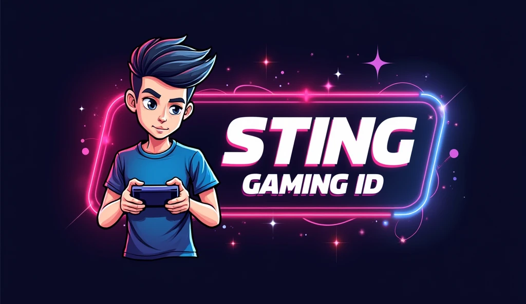 Logo modern dengan tulisan 'STING GAMING ID' dengan elemen kreatif disertai background dan frame warna neon, dengan maskot kartun anak laki-laki, model rambut undercut hitam, memakai kaos, sedang bermain game di handphone.