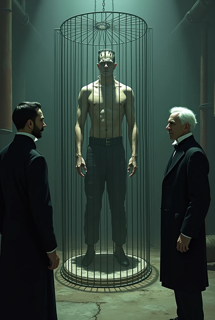 Make a picture of Frankenstein without clothes in a cage ,Nikola Tesla is outside. , Michael Faraday com o cabelo branco,Nikola Tesla asks where Galvani is 