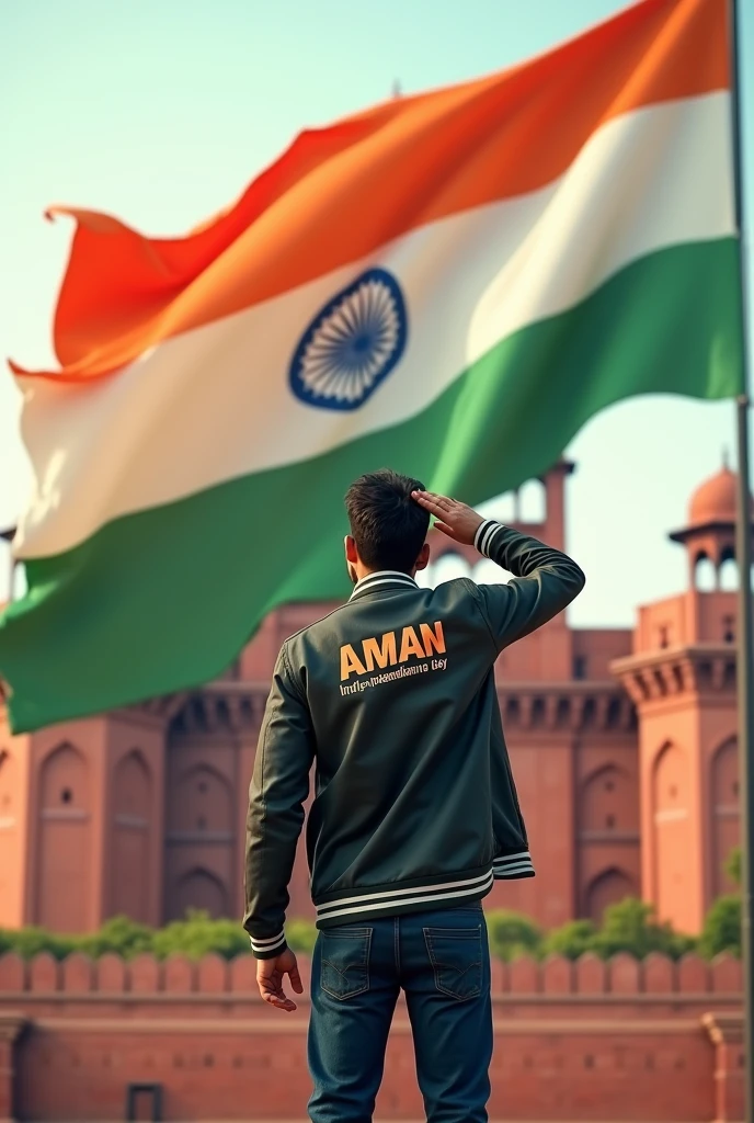 In front of the Red Fort, a large Indian flag is prominently displayed. A Man is standing and saluting towards the flag, wearing a jacket with the name 'Aman' written on it. Nearby, the words 'Happy Independence Day' are clearly visible, creating a patriotic and powerful 3D scene