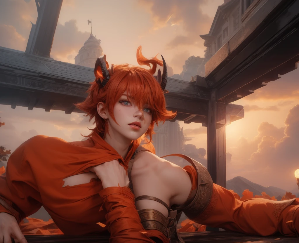 (max resolution: 1.2), (Ultra HDTV: 1.2), 8K resolution, Eye and skin detail, face detail, Body detail, Hand and foot detail, (Sharp focus: 1.2), (Precise focus) sharp face: 1.2), (((Boy))), red hair, white ponytail, 2-color eyes, 2-color eyes red and orange, honey looking into the lens, horns