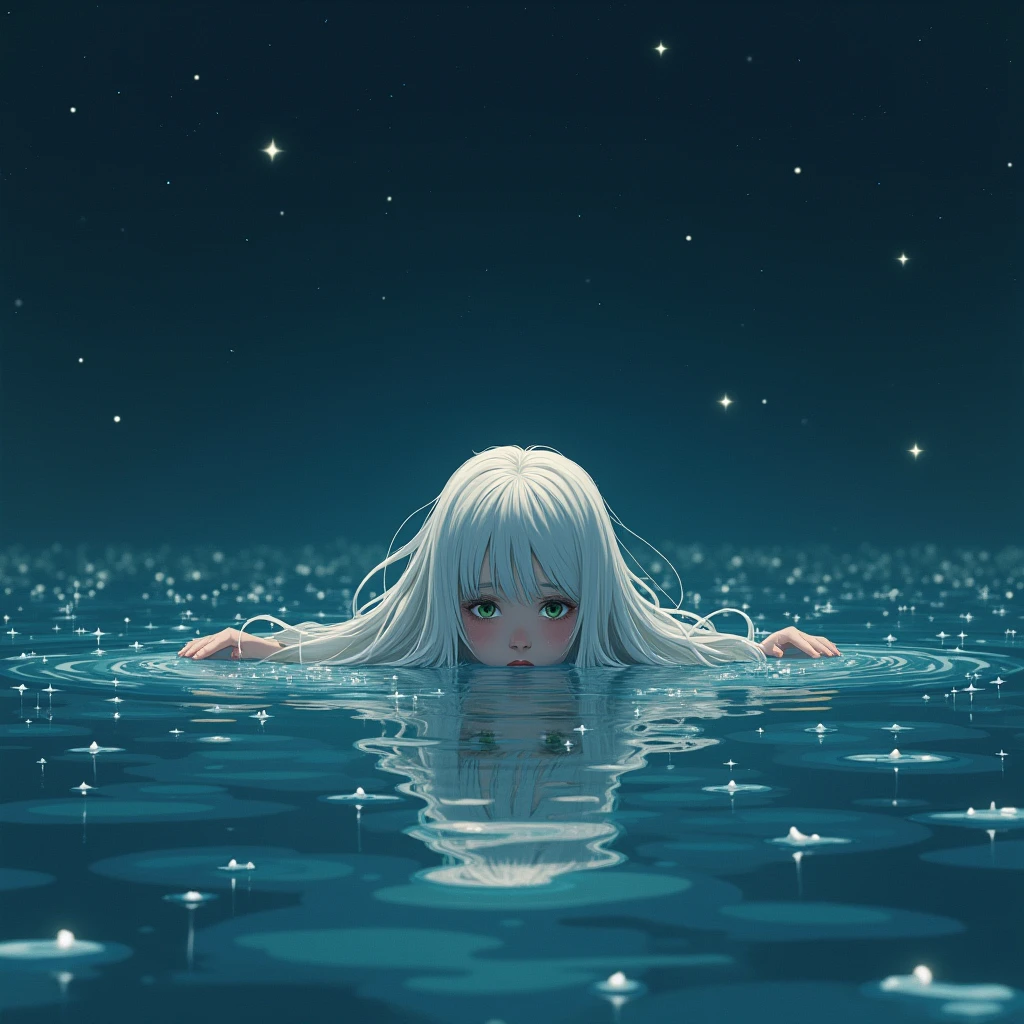 A girl with long white hair, her head above the water of tears, and she is crying,I want there to be many stars in the water