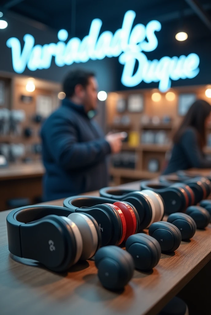 A photo with several wireless headphones in a store, with the name 'Variedades Duque' visible in the background of the store, without any people. 