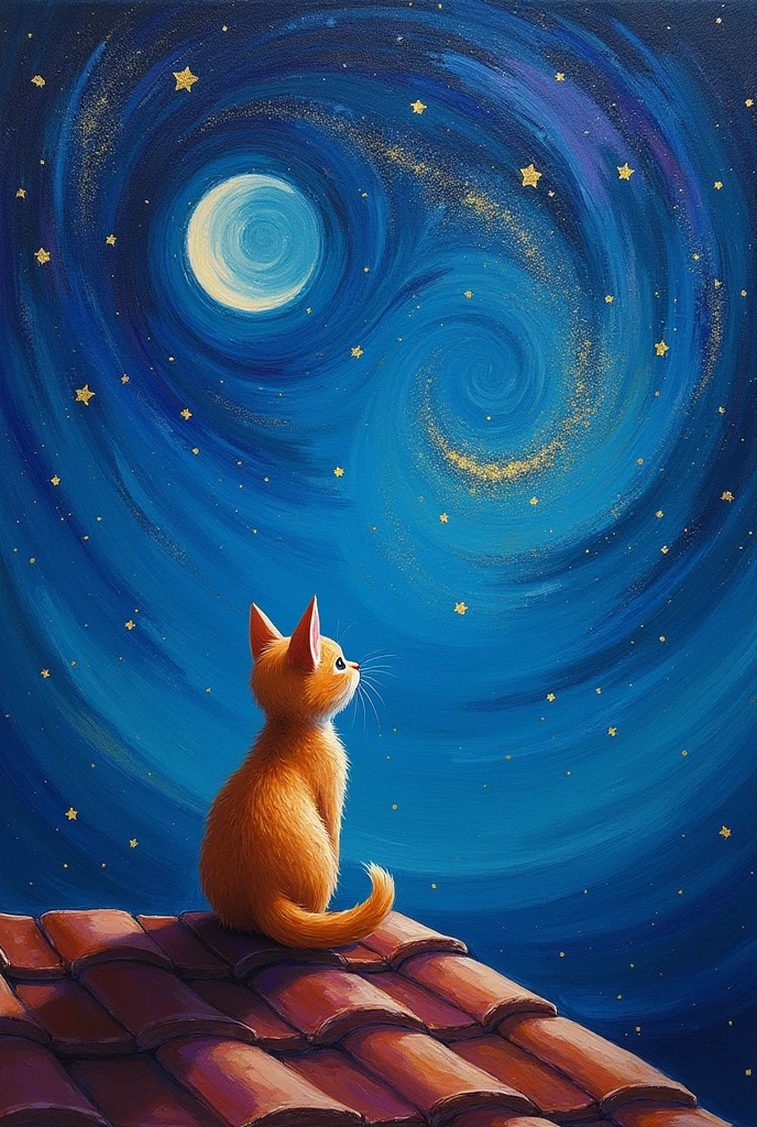 Create a square painting, 12 by 12 units.
Subject: A small cat sitting on a roof looking at the starry night
Style: acrylic color
Orientation: Facing the back looking up
Background: full starry night by van gogh
