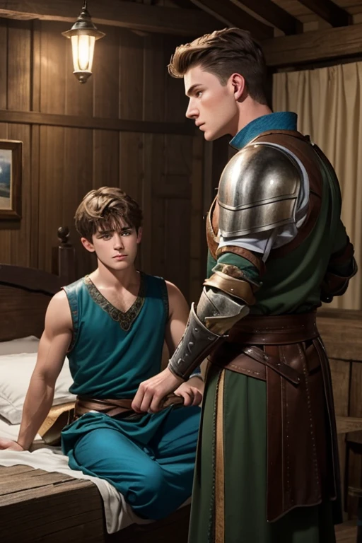 Photo-realistic. A pleased, 16-year-old, handsome, muscular Caucasian man with fade-cut, brown hair, and blue eyes, wearing shabby, sleeveless, leather armor, with metal shoulder guards, boasting, as he tells a dramatic story to a 15-year-old, lean, Caucasian peasant man, with short, brown hair, and blue eyes, in a blue and green tunic, listening in wonder, sitting next to each other on a simple bed, in a rustic inn room, at night.
