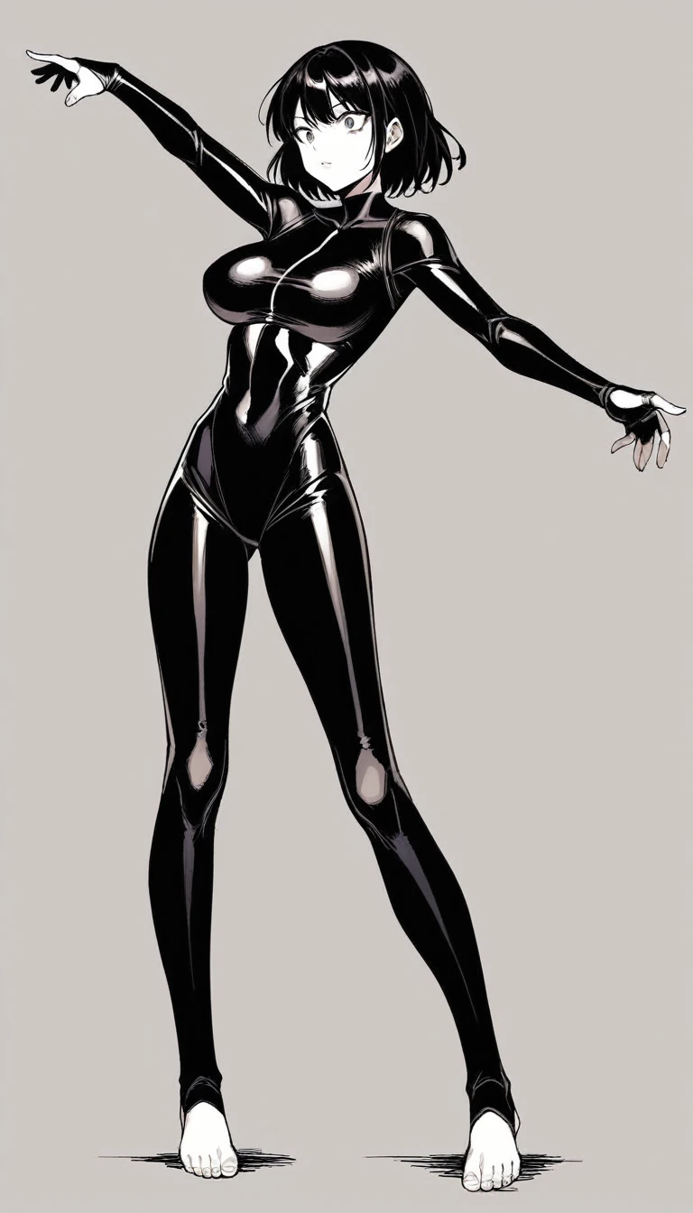 1girl, adult, perfect face, perfect eyes, perfect hands, intricate details, score_9, score_8_up, score_7_up, rating_safe, source_anime, sketch, shiny black hair, medium length hair, sharp eyes, large breast, slim body, bare feet, spandex suit, full body design, traditional style, greyscale, unorthodox pose, fighting stance, standing