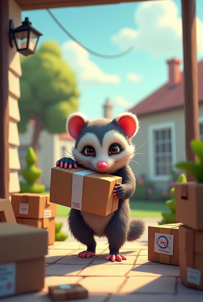 A opossum delivering packages 