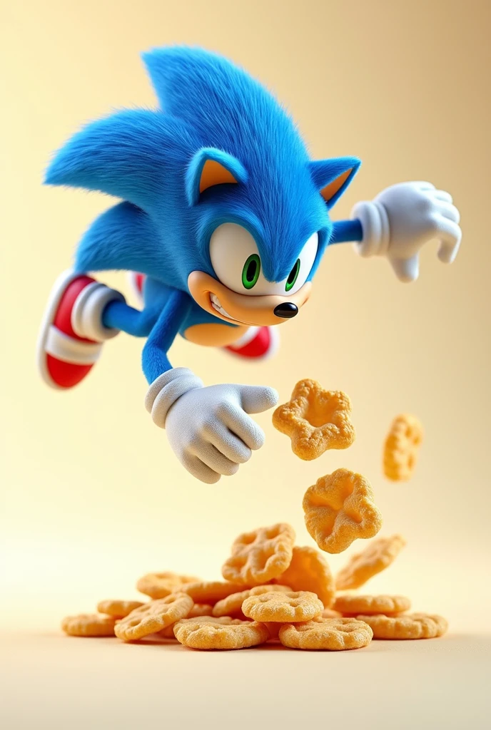 Corn flakes units shaped like Sonic the Hedgehog falling to the ground
