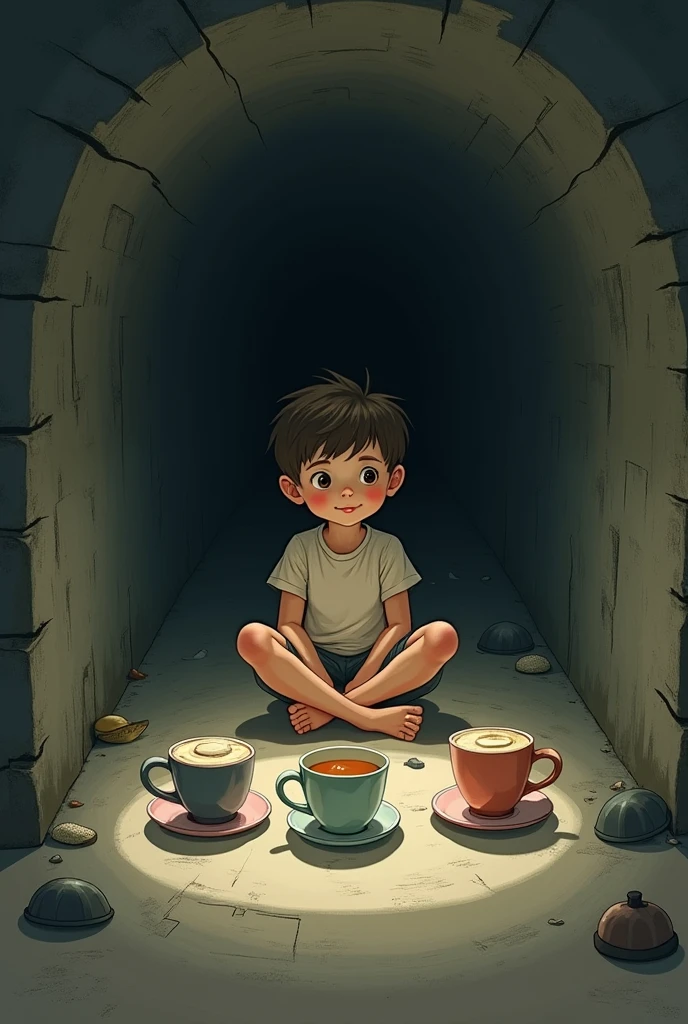 In a tunnel, a child has three cups of tea, each cup has a lid, but he can't find one.