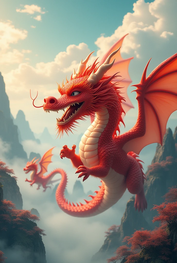 a fiery red dragon,huge,in the sky,no wings,Lead other dragons,cute style,background chinese style,Mountains and rivers