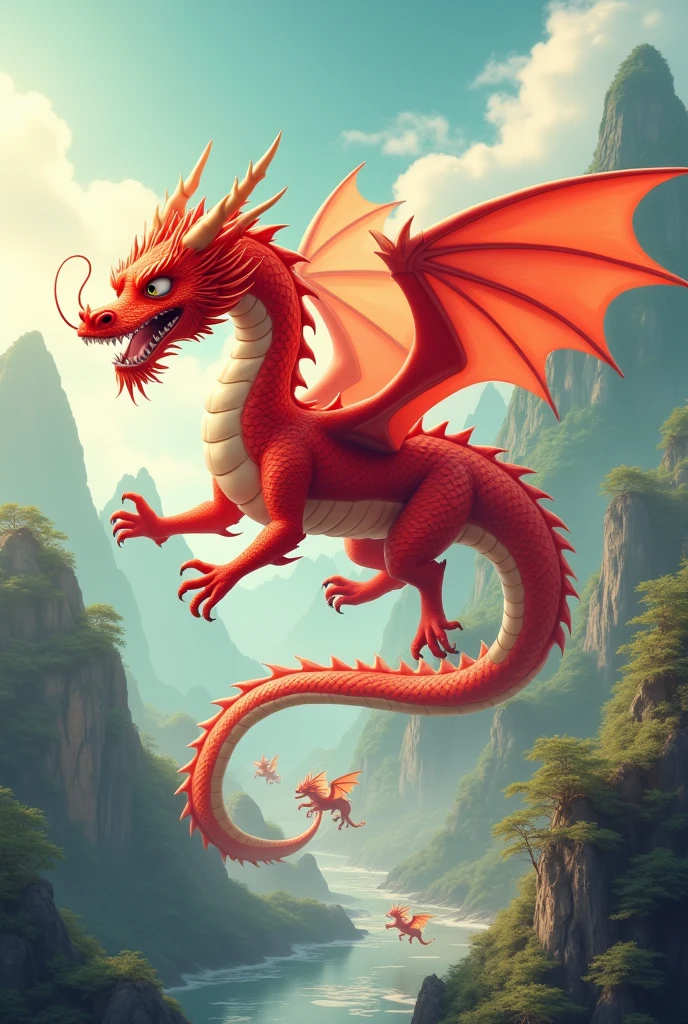 a fiery red dragon,huge,in the sky,no wings,Lead other dragons,cute style,background chinese style,Mountains and rivers