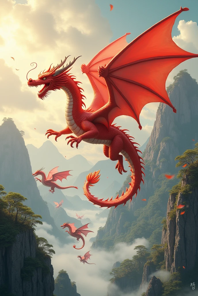 a fiery red dragon,huge,in the sky,no wings,Lead other dragons,cute style,background chinese style,Mountains and rivers