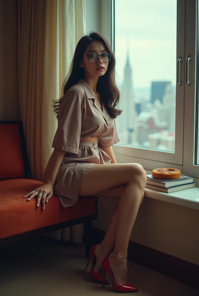 (8k,Movie,16mm wide-angle lens,Aperture 8,Multi-angle shooting,Rich in details )Chinese,Asian,in a New York office building ,secretary,wear glasses,Cool colors,miniskirt,High heel,exposed,Sexy stockings,Expose,Expose内衣,A large hotel room,Sit on the stairs,Terrace,Flirty,Romantic,Sexy woman,Looking out the window,Troubled woman,30 years old