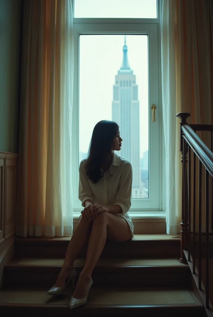 (8k,Movie,16mm wide-angle lens,Aperture 8,Multi-angle shooting,Rich in details )Chinese,Asian,in a New York office building ,secretary,wear glasses,Cool colors,miniskirt,High heel,exposed,Sexy stockings,Expose,Expose内衣,A large hotel room,Sit on the stairs,Terrace,Flirty,Romantic,Sexy woman,Looking out the window,Troubled woman,30 years old