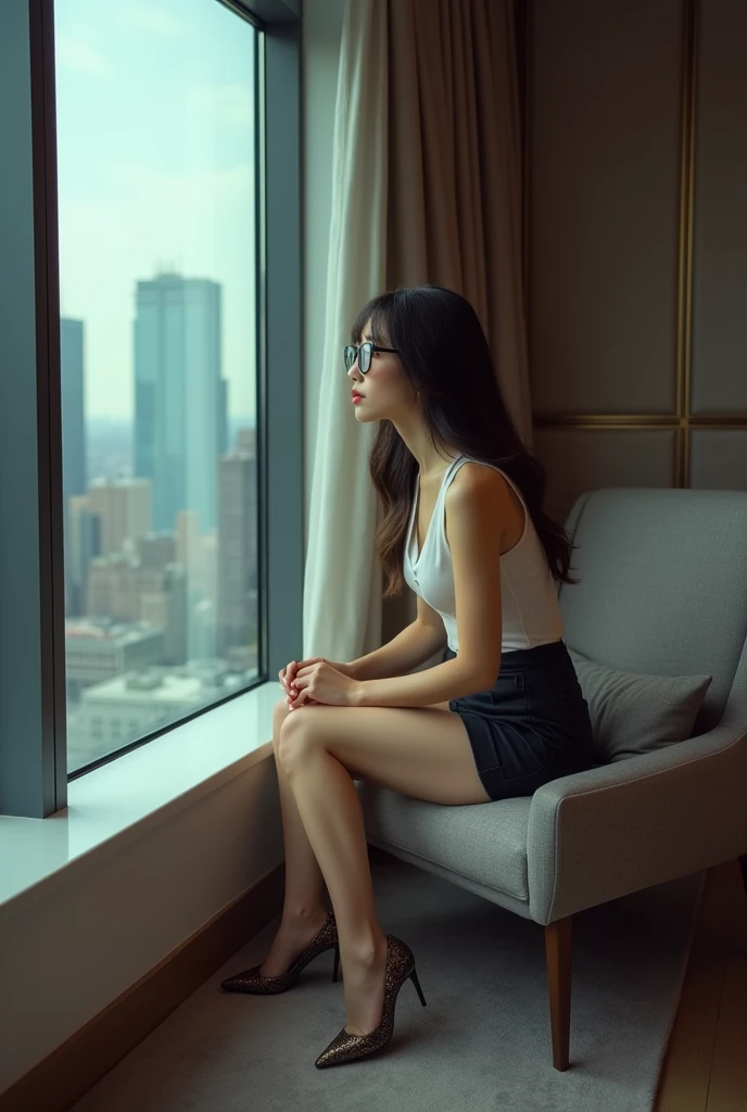 (8k,Movie,16mm wide-angle lens,Aperture 8,Multi-angle shooting,Rich in details )Chinese,Asian,in a New York office building ,secretary,wear glasses,Cool colors,miniskirt,High heel,exposed,Sexy stockings,Expose,Expose内衣,A large hotel room,Sit on the stairs,Terrace,Flirty,Romantic,Sexy woman,Looking out the window,Troubled woman,30 years old