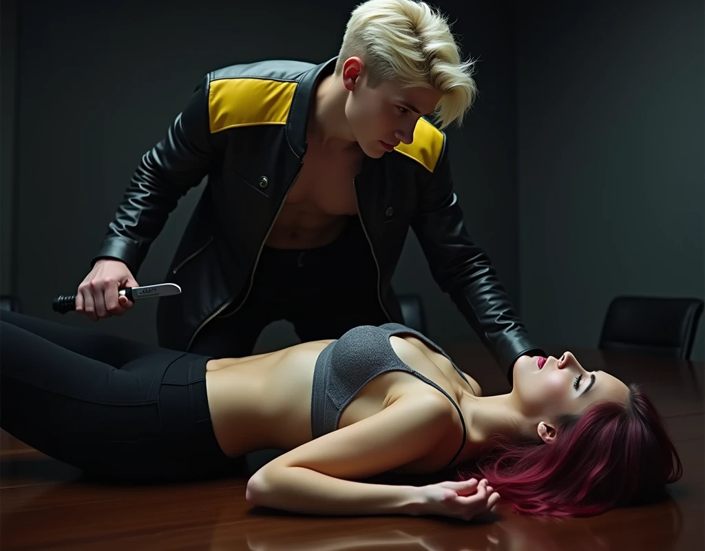 181 cm tall, 22-year-old boyish male with a lean figure, short platinum blond layered hair with side-swept bangs, blue eyes, Germanic-Icelandic features, wearing tight black pants and a black leather jacket with yellow shoulder accents, closed mouth smile. He is straddling the hips of a 24-year-old woman of almost the same height. She is lying supine on a dark wood meeting table inside a black-toned office, wearing a grey lacy push-up bra and black pants, with medium-length vibrant maroon side-parted wavy hair and light skin. He is holding a K-bar knife. Photorealistic, cinematic.