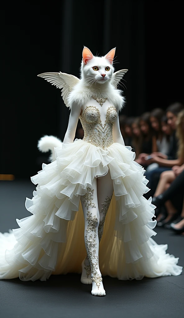 Photo e cinematic: A surreal fashion photograph featuring a white cat head seamlessly fused with a cat body. The cat body should be wearing a sexy, enchanting wedding gown. The gown should be a show-stopping creation with multiple layers, flowing ruffles and a dramatic train. Surround the gown with whimsical elements such as feathers, wings and sparkling stars to evoke a sense of magic. Use a high-contrast colour palette of whites and creams. Pair with ornate high-heeled shoes and thin white-furred cat legs adorned with intricate silver and gold flower designs. Position the cat hybrid as if it were walking down a dark runway, with a determined expression. The background should be mostly black with blurred figures suggesting a fashion show audience. Emphasise the contrast between the bright white of the cat and the gown against the dark surroundings. The image should convey a sense of couture mixed together