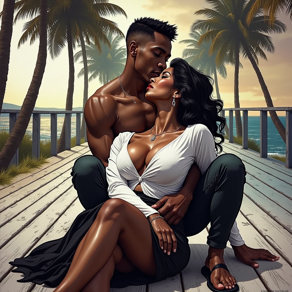 generates an action scene where a couple of lovers (a young afroamerican black man with short haircute and a beauty Latin woman with dark chocolate skin and a nice body with curves, 21 years old, round breasts and firm, wide and generous hips, a black dress with a low neckline) meet in a boardwalk facing the sea, warm colors, be creative and achieve a book cover image.