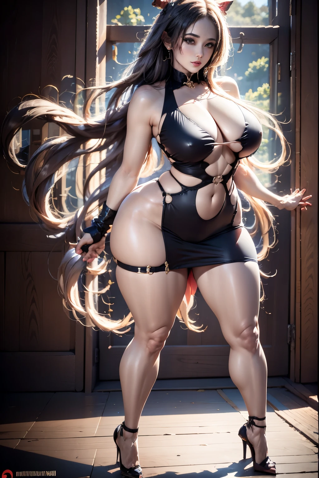 bayonetta, underwear with lace, sunset beach, fluttering hair, long ponytail, long wavy hair, long curl hair, thick thighs, huge hip, (abdominal muscle:1.2), long eyelashes, eyeshadow, blush, gentle smile, upper body from below, spread legs, squatting