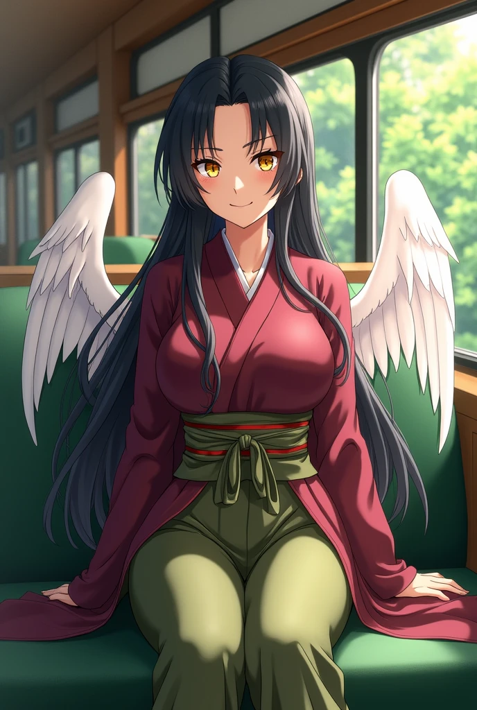 Anime, Japanese, kimono, yellow eyes, black hair, translucent white wings behind, maroon clothes, olive green hakama, female, large breasts "Long Hair"Center part "Landscape"Olive green seats on the train Wooden walls Smiling